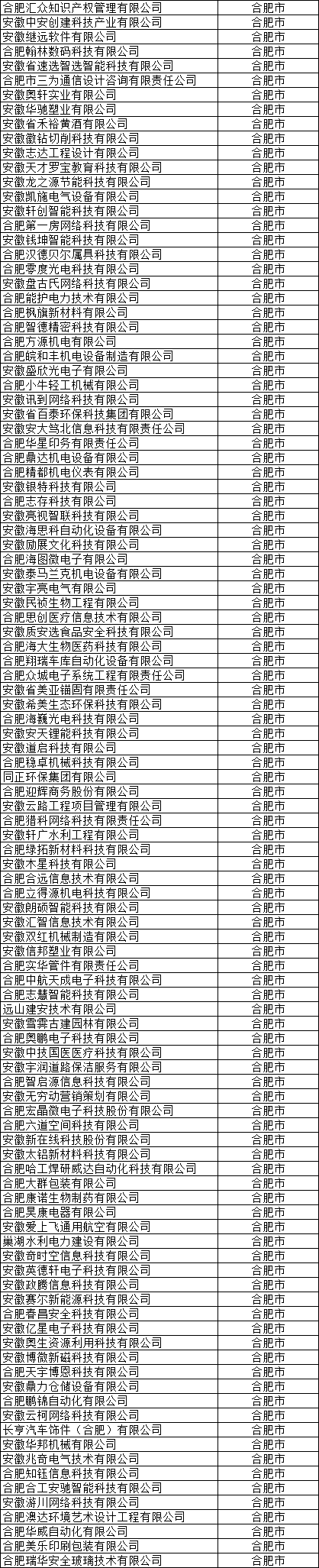 合肥市高新技術(shù)企業(yè)公示名單