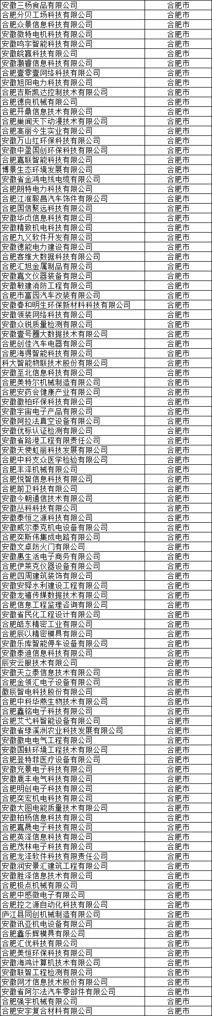 合肥市高新技術(shù)企業(yè)公示名單